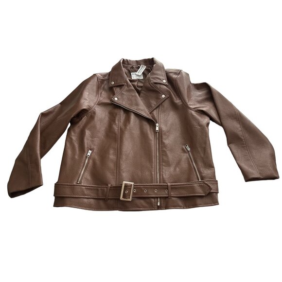 NWT Old Navy Moto Jacket Brown Faux Leather Biker Bomber Waist Belt Size XXL - Picture 4 of 8